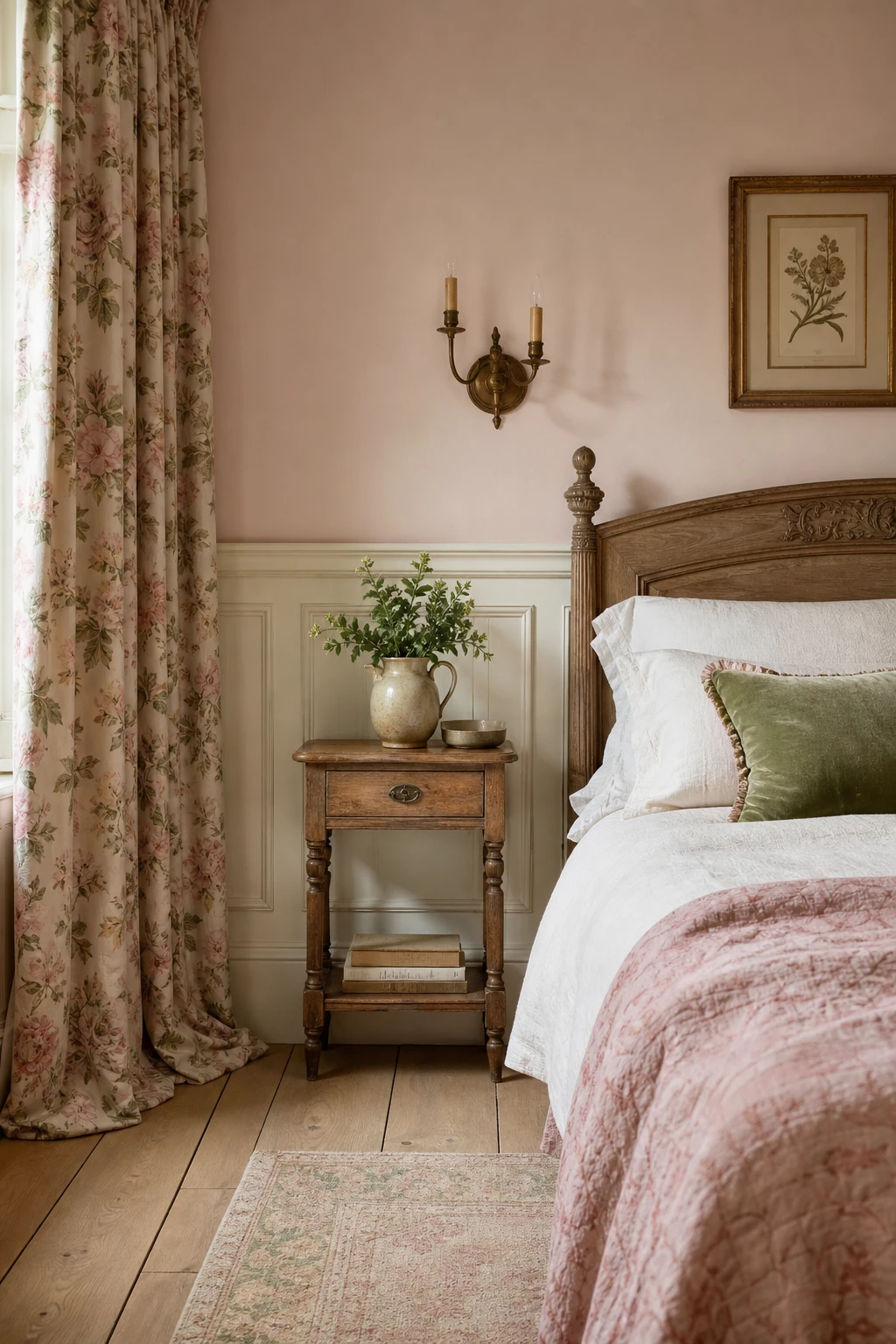Georgian English country bedroom with green pink and cream palette, floral curtains, painted panelling and antique brass accents in soft morning light
