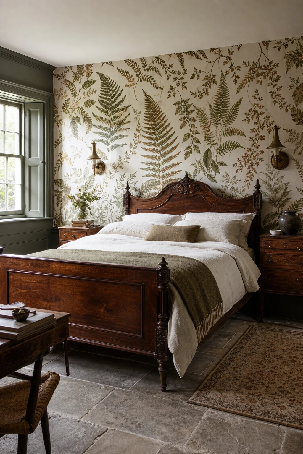 Georgian English country bedroom with heritage botanical print wallpaper as headboard wall hero, sage green accents, linen bedding, antique carved bed frame and morning light