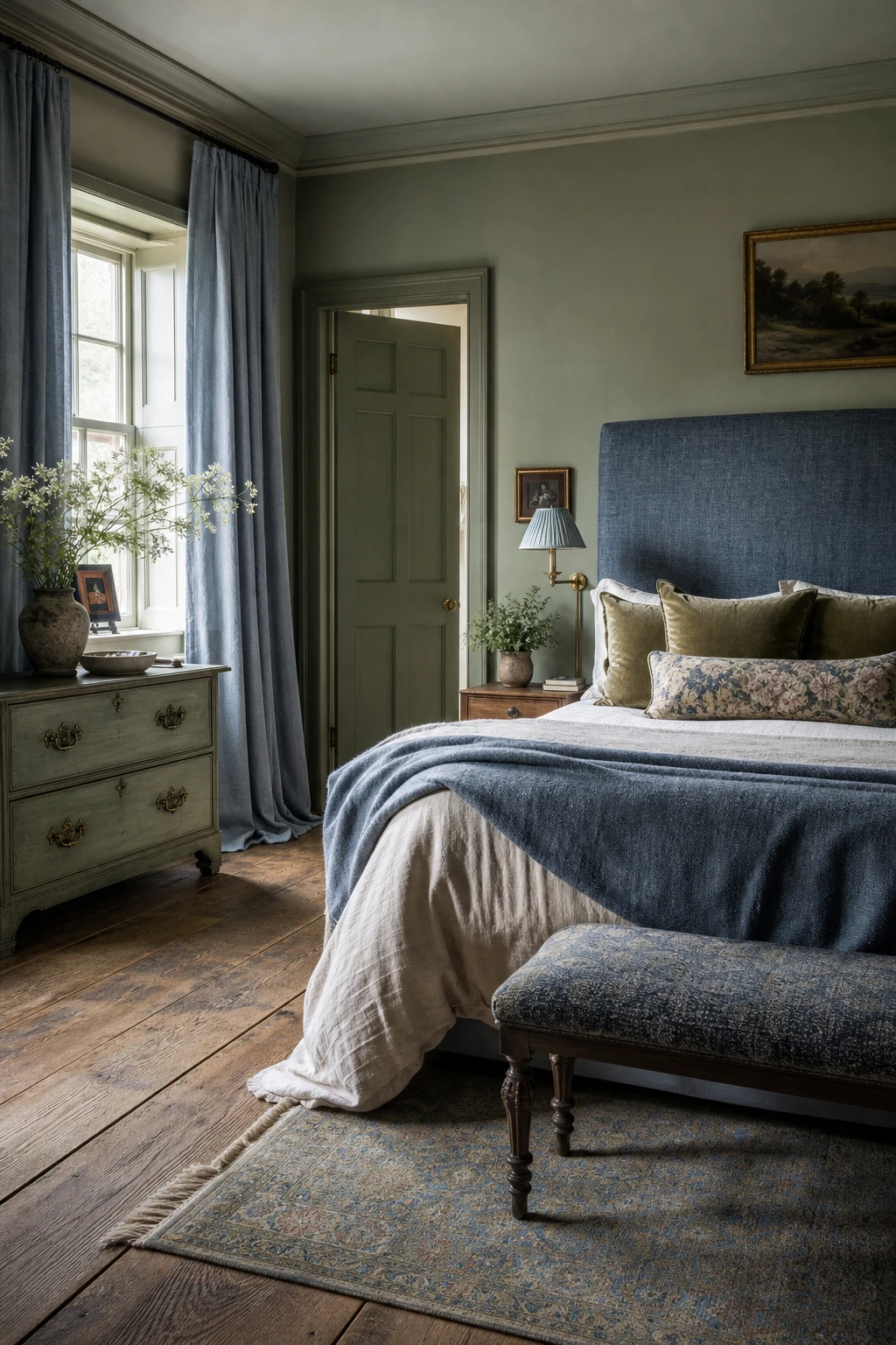 Georgian English country bedroom with olive green and blue colour mix, sage walls in Farrow and Ball Mizzle, layered soft furnishings, natural morning light