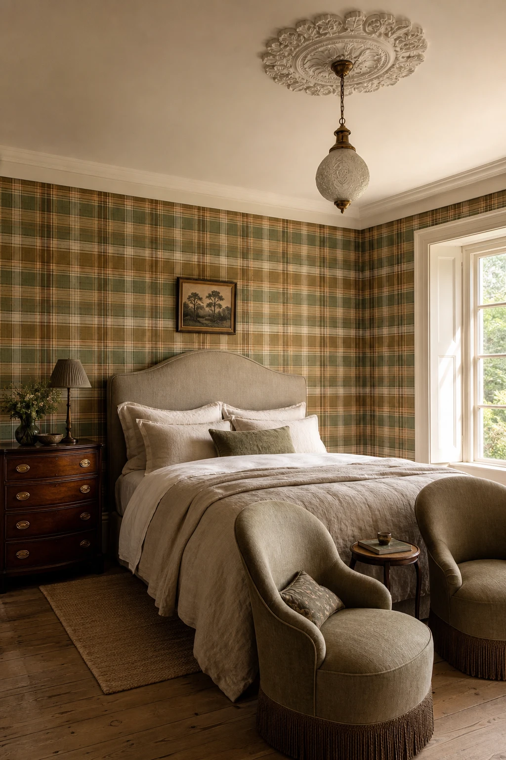 Georgian English country bedroom with plaid wallpaper hero, curved headboard, antique dresser, linen bedding, and soft morning light on Farrow & Ball Bone painted trim