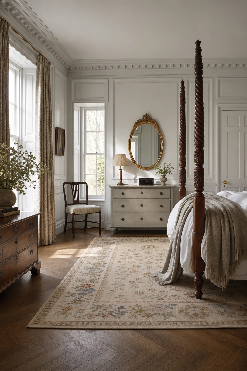Georgian English country bedroom with raised wall panelling painted Hardwick White, a carved four poster bed, linen drapes, herringbone oak floor and soft morning light