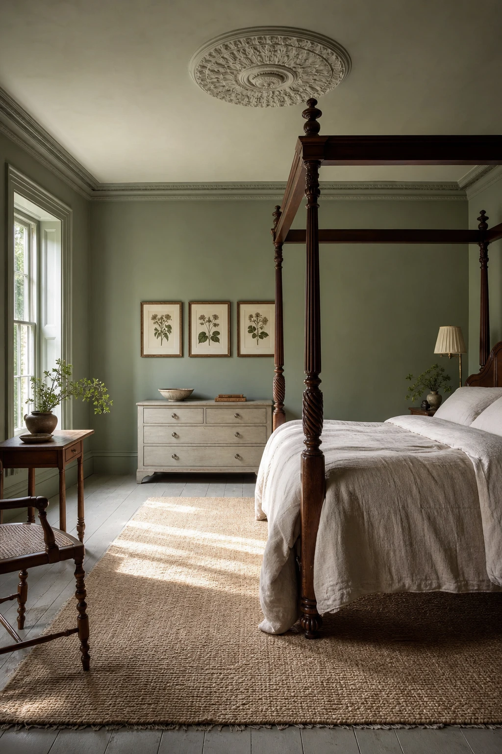 Georgian English country bedroom with sage green walls, linen bedding, carved wooden bed frame, sash windows and soft morning light creating quiet calm