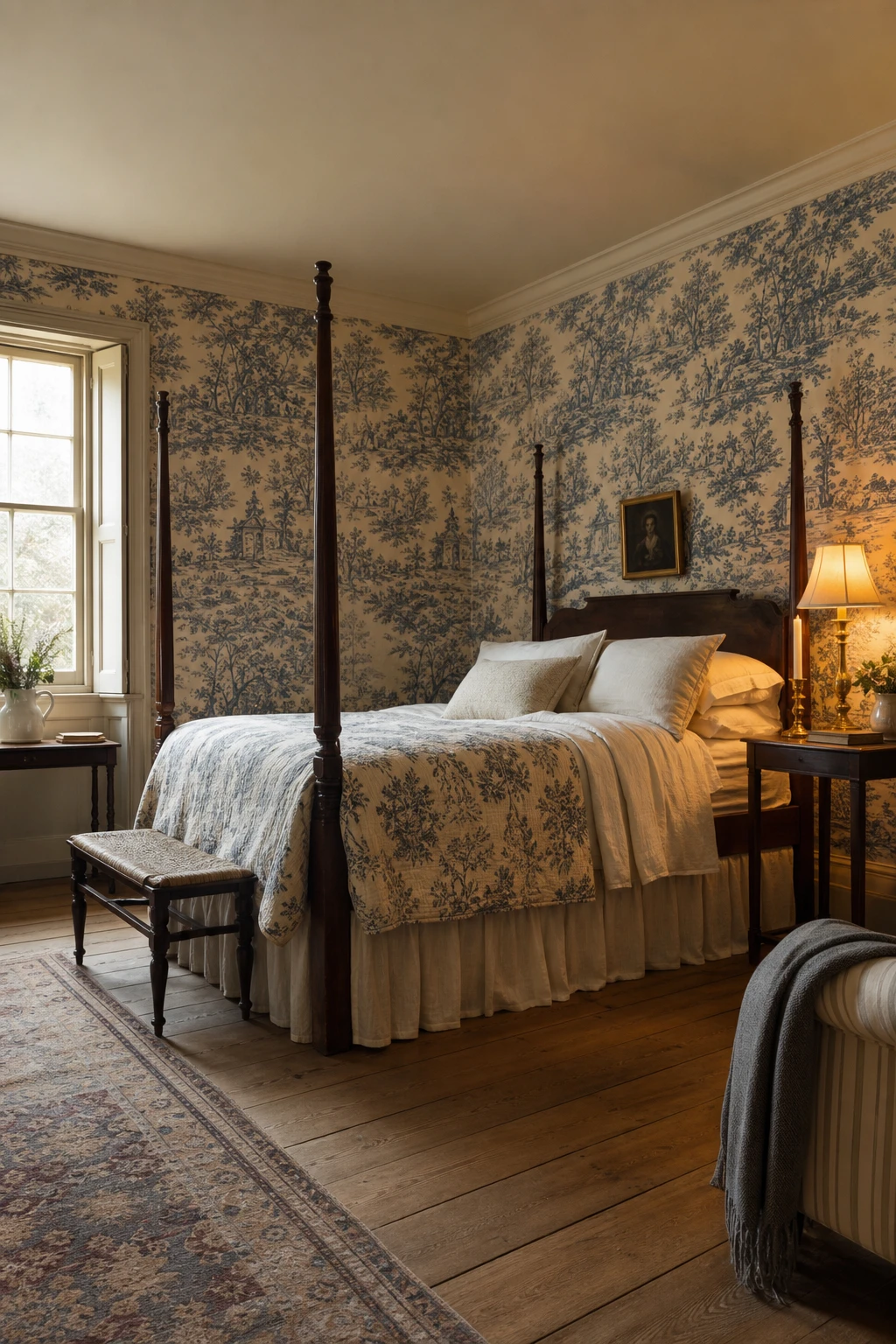 Georgian English country bedroom with toile wallpaper as hero, four poster bed, linen bedding, antique side table, and warm candlelight beside a sash window