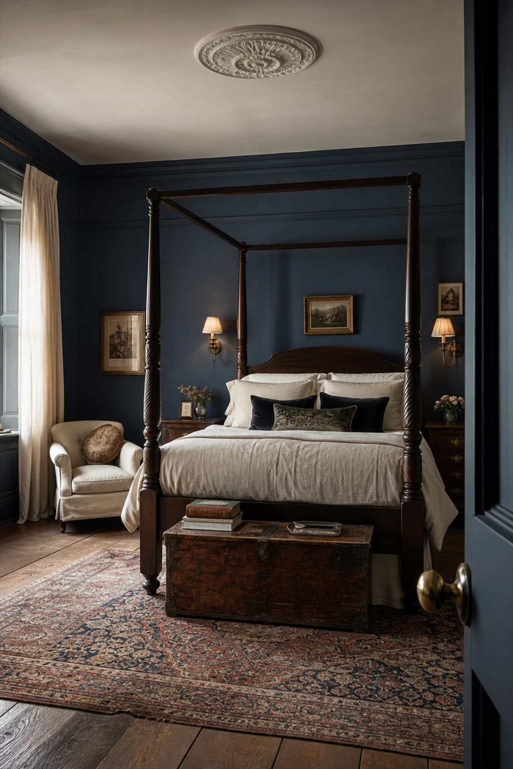 Georgian English country master bedroom with deep Hague Blue walls, canopied four poster bed, antique brass sconces and richly layered textiles in soft morning light