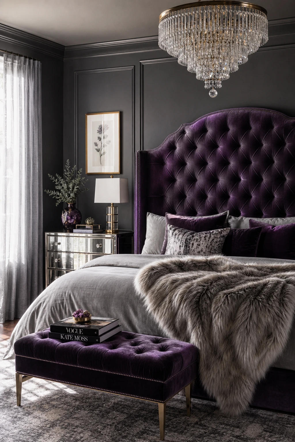Glam purple and gray bedroom with velvet headboard, mirrored furniture, crystal chandelier, and Farrow and Ball Plummett painted walls