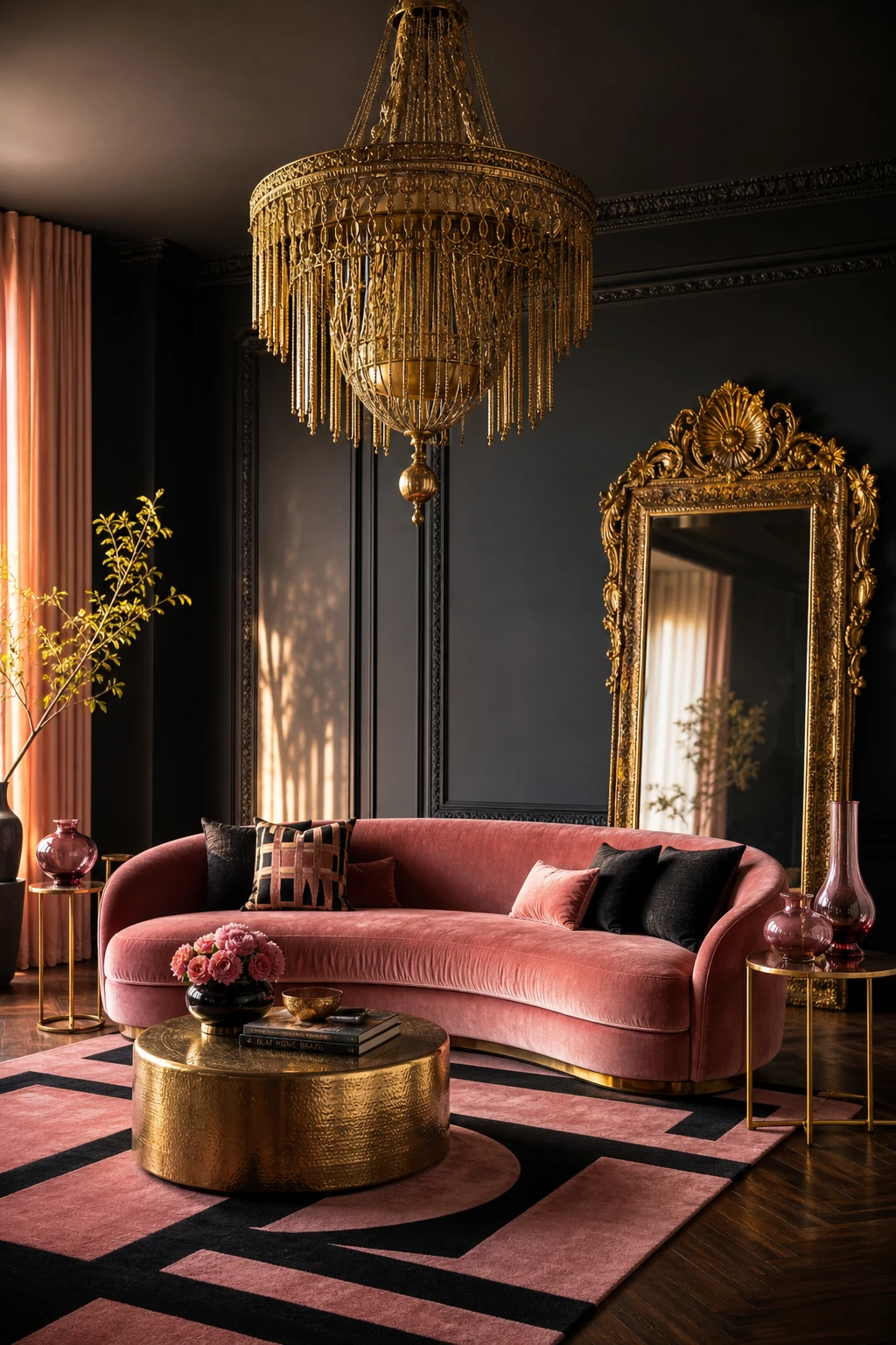 Glamorous black and pink interior with gold accents, featuring Farrow and Ball Tar walls, brass fixtures, blush velvet seating and ornate gold mirror