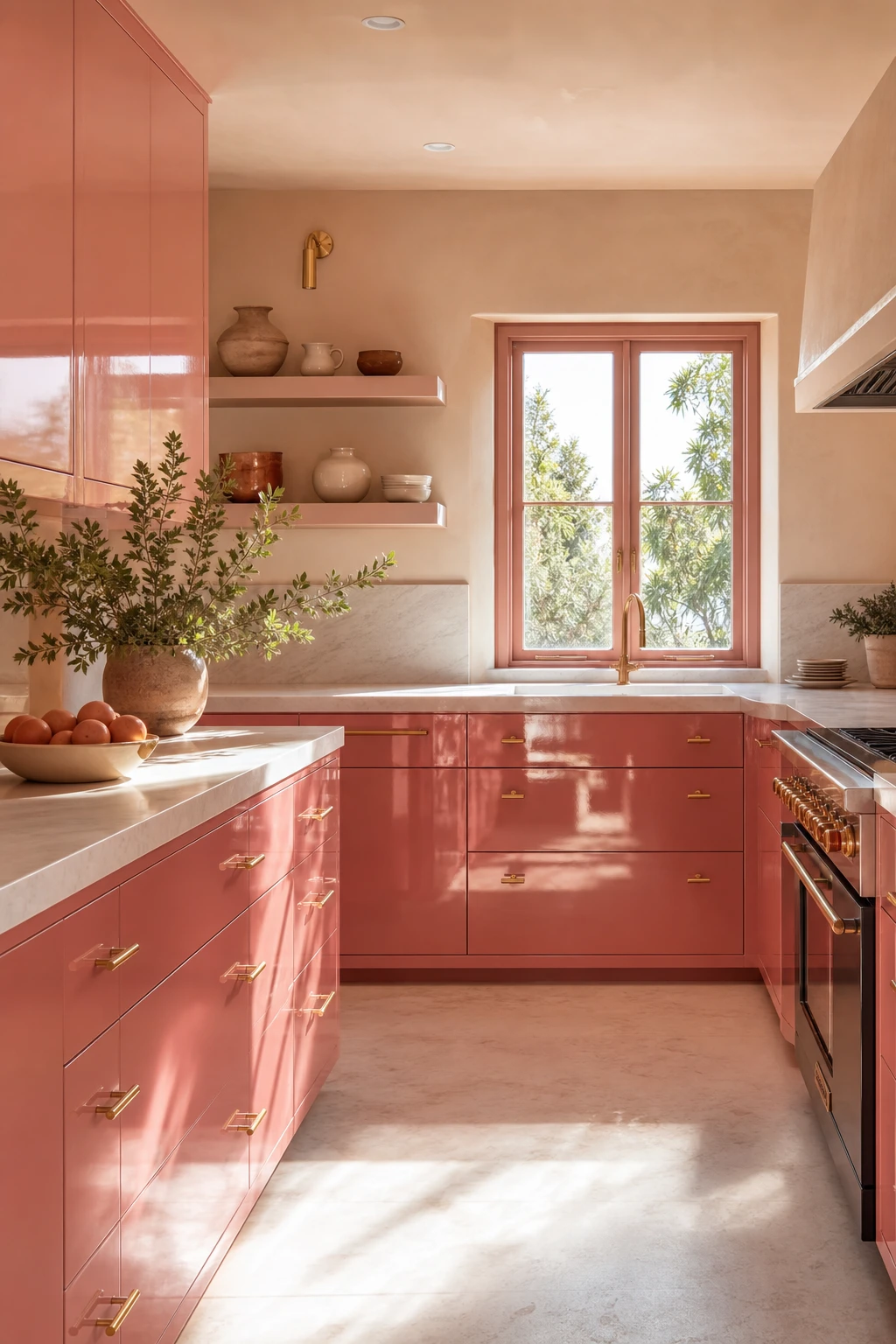 Glossy pink kitchen cabinets in a dusty pink interior reflecting natural light with Farrow and Ball Rangwali paint on cabinetry surfaces