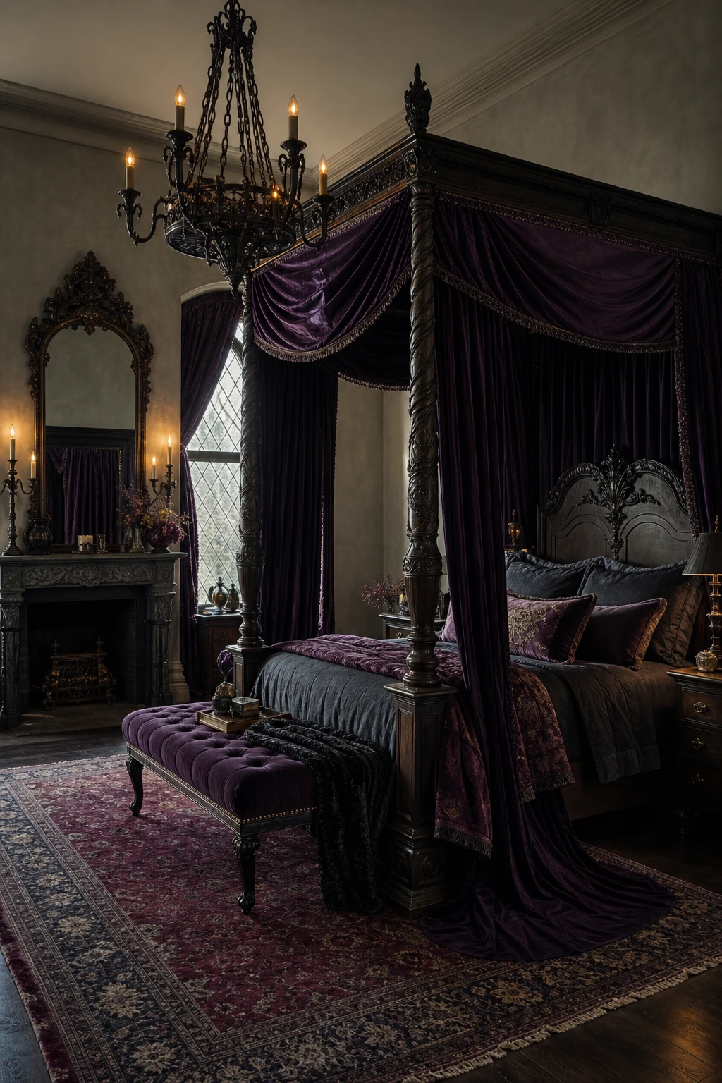 Gothic purple and gray bedroom with canopy bed, arched window, velvet drapes and stone toned walls creating moody yet welcoming atmosphere