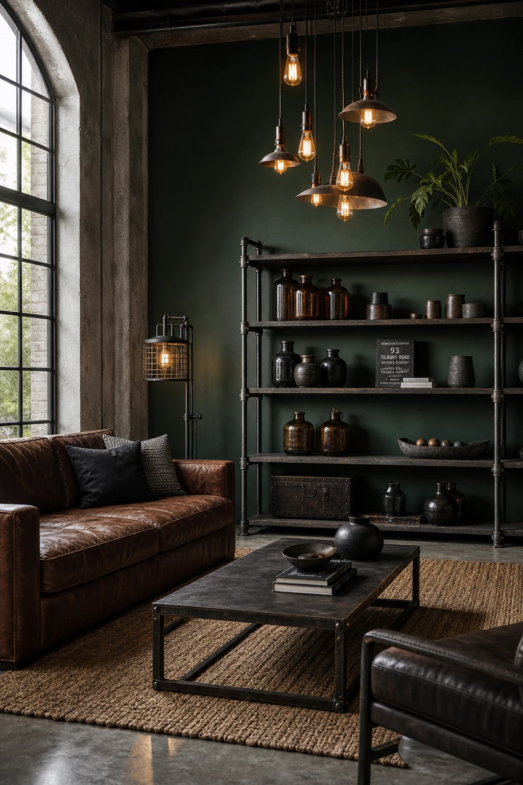 Gray and green industrial living room with dark green walls, raw metal shelving, concrete floor, leather sofa, and warm Edison bulb lighting