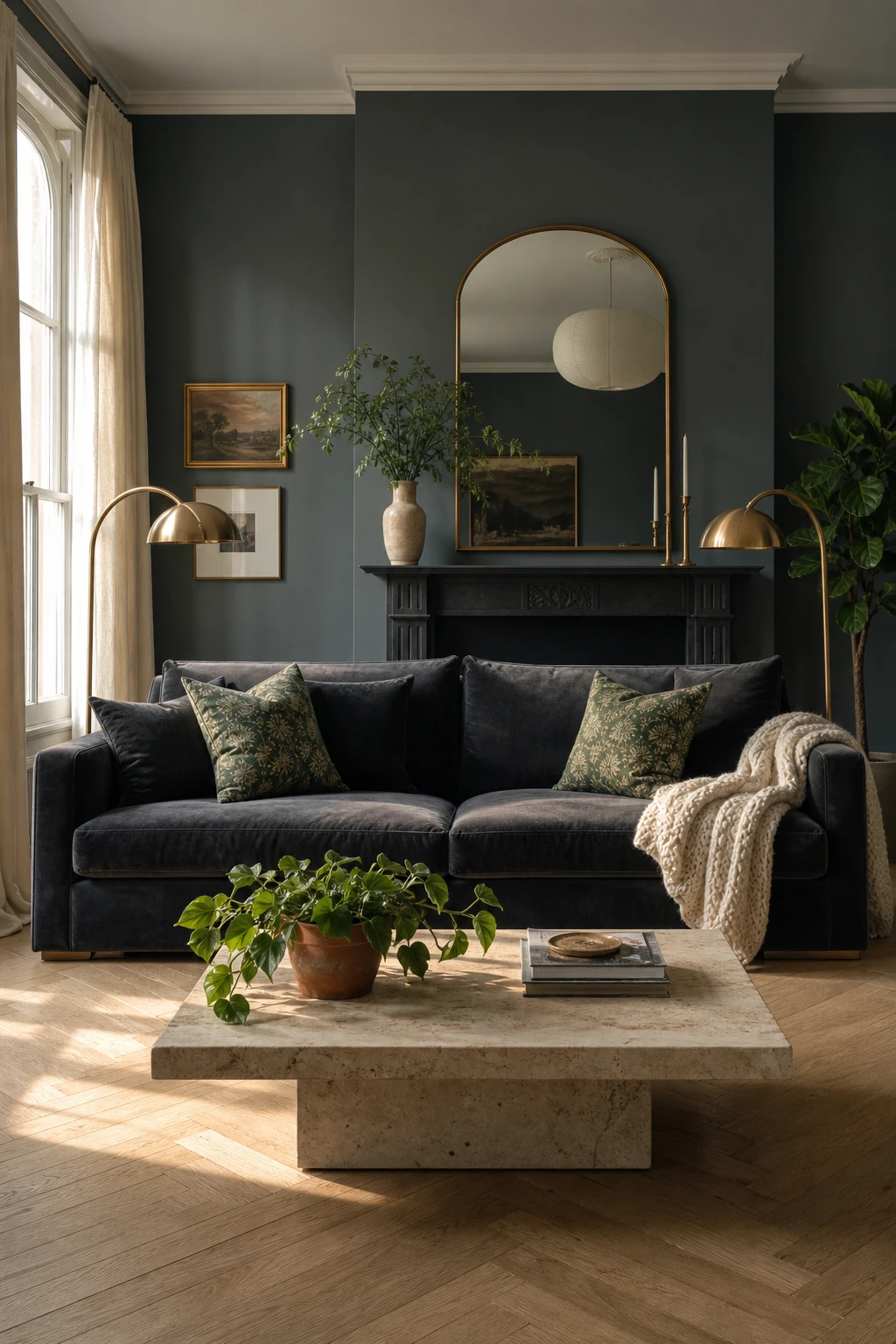 Gray and green living room anchored by a dark gray sofa with sage green walls painted Farrow and Ball Plummett and natural light from tall windows