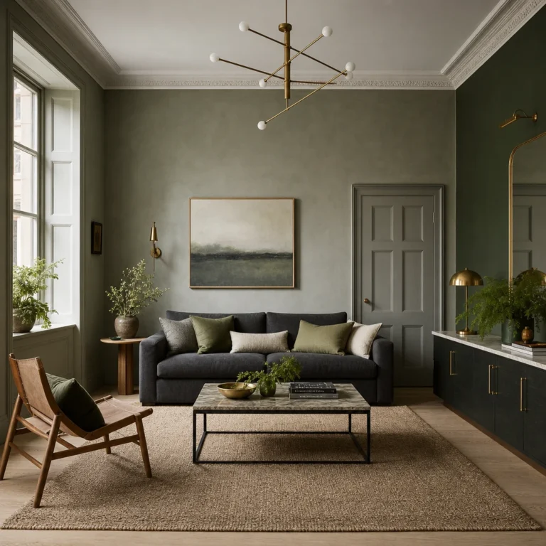 Gray and green living room with sage limewash walls, a charcoal linen sofa, a dark green accent wall, brass accents, and pale oak flooring in cool diffused morning light.
