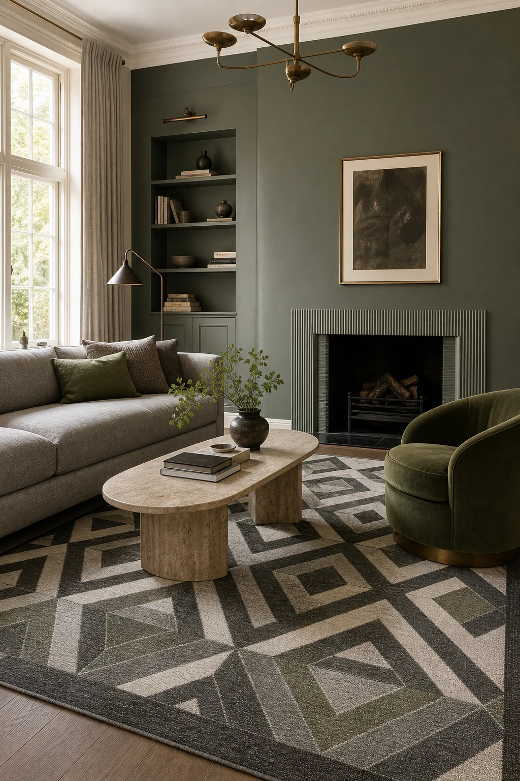 Gray and green living room with a bold geometric rug anchoring a gray sofa and green accent chair beside a large window in soft afternoon light