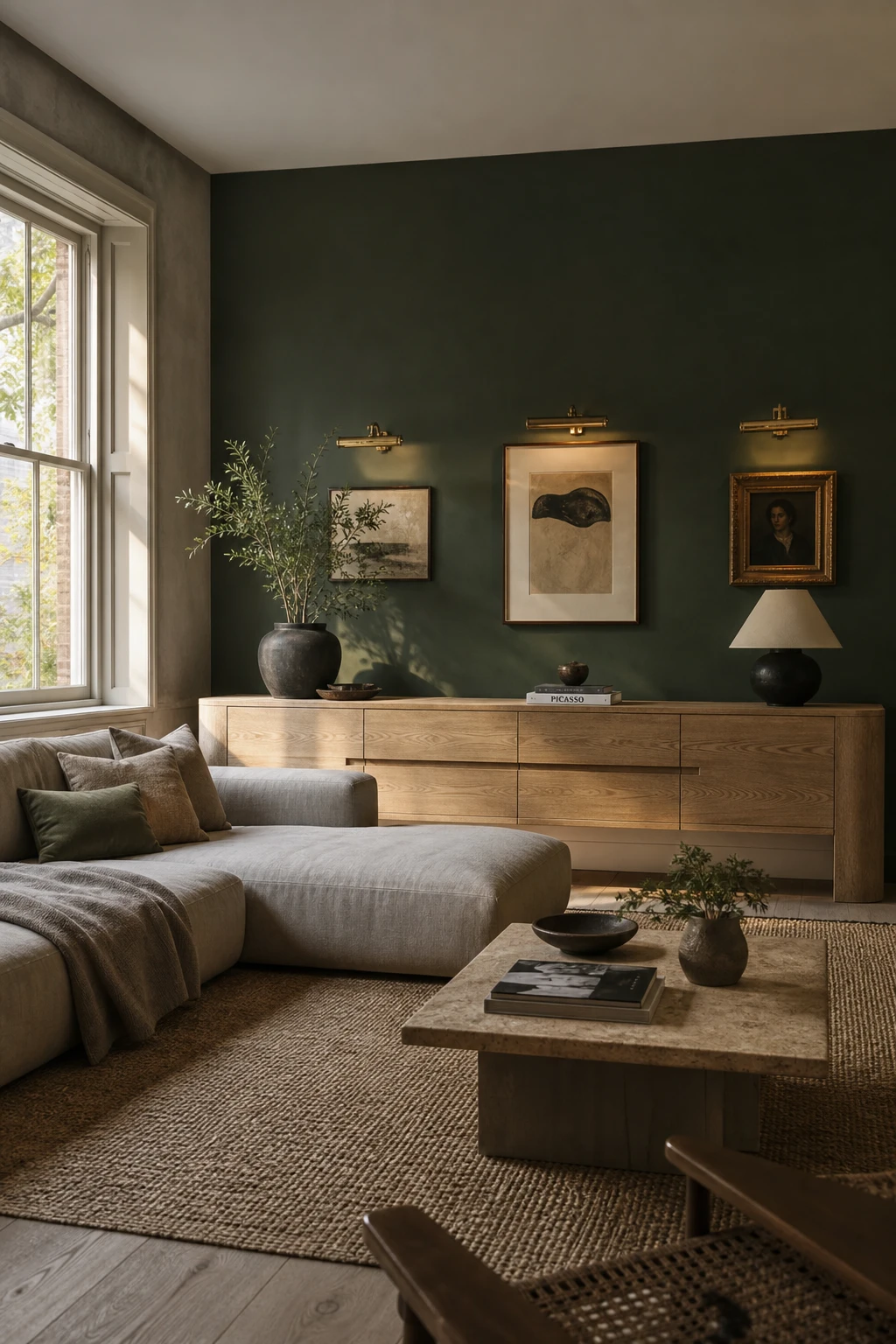 Gray and green living room with a dark green accent wall as the focal point, flanked by gray walls, natural linen sofa, and warm afternoon light