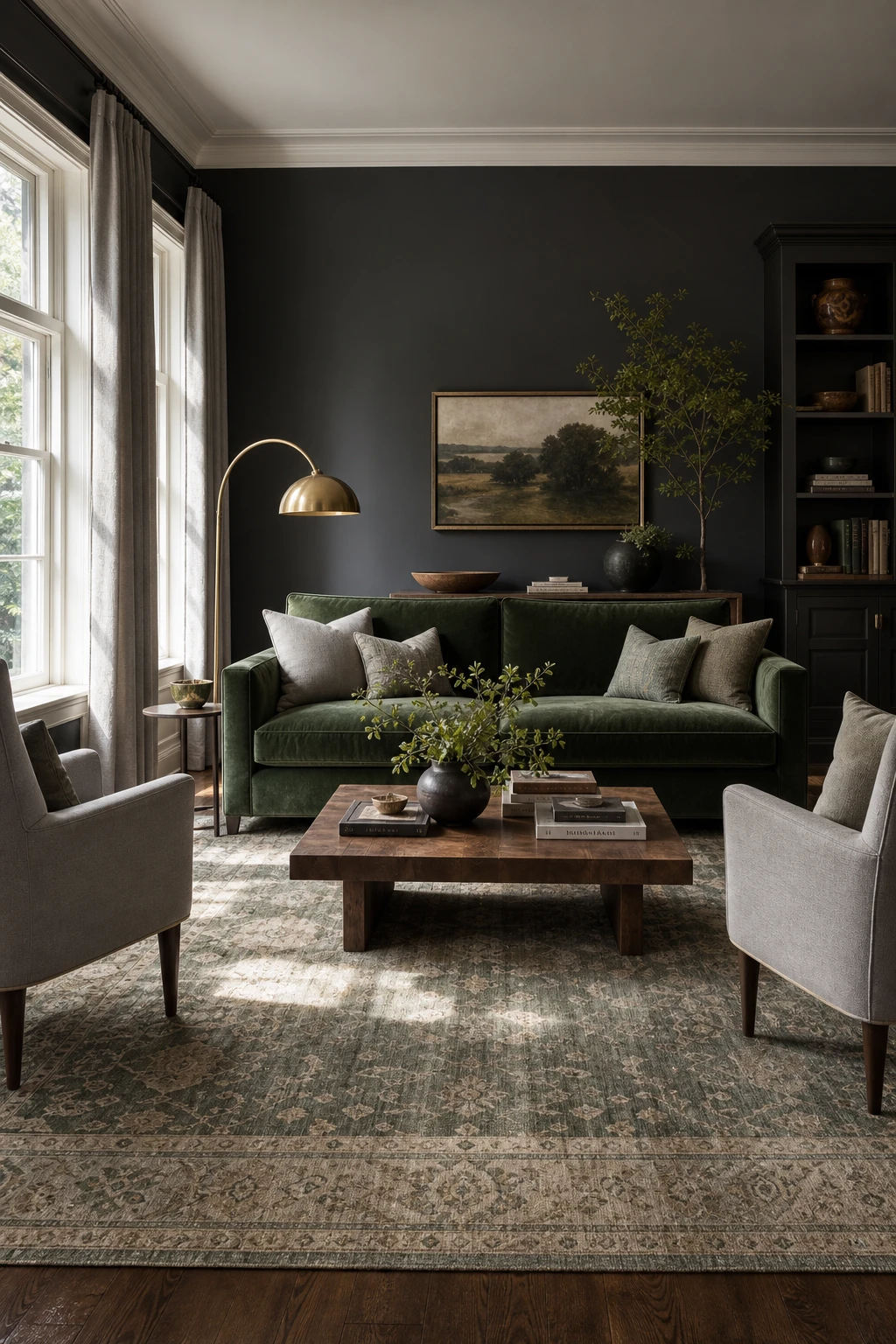 Gray and green living room with a patterned area rug anchoring a green sofa, dark grey walls, natural light from tall windows