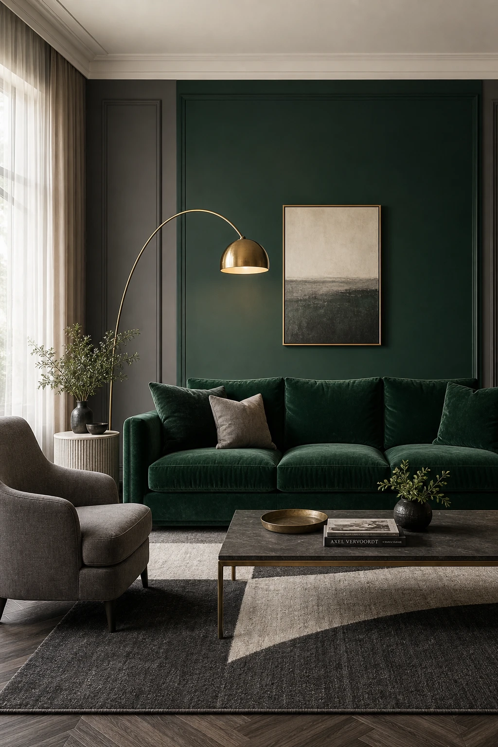 Gray and green living room with emerald velvet sofa, soft gray walls in Farrow and Ball Emerald Green paint accents, brass lighting, and layered textiles