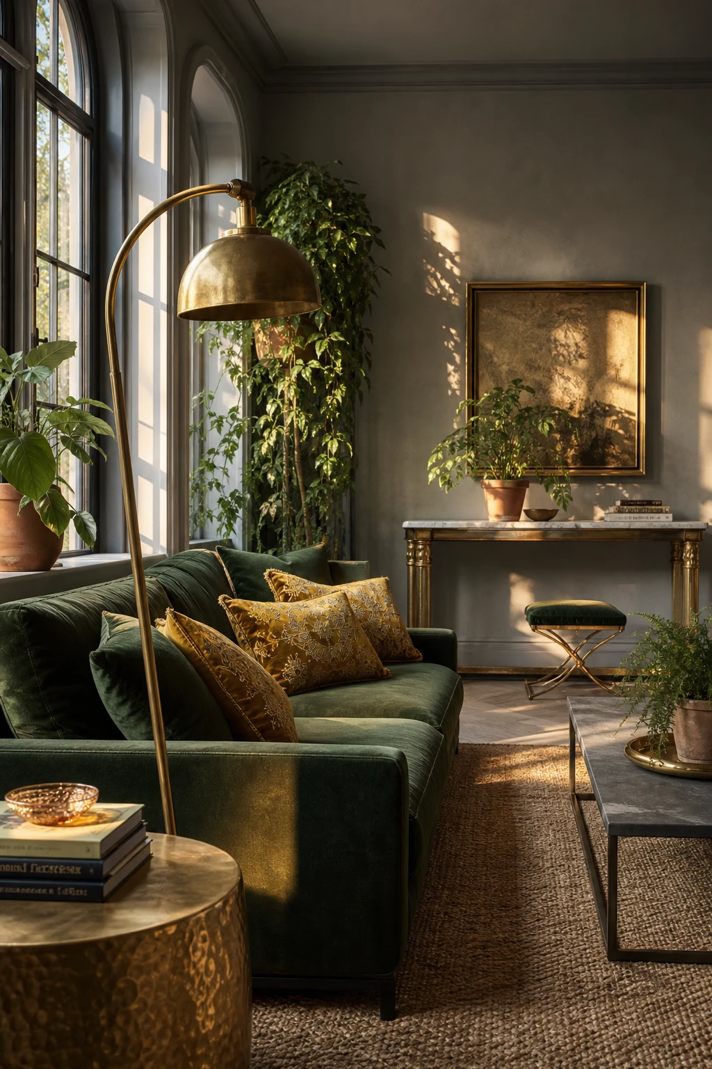 Gray and green living room with gold accents, featuring warm metallic details against Farrow and Ball Purbeck Stone walls and rich green upholstery