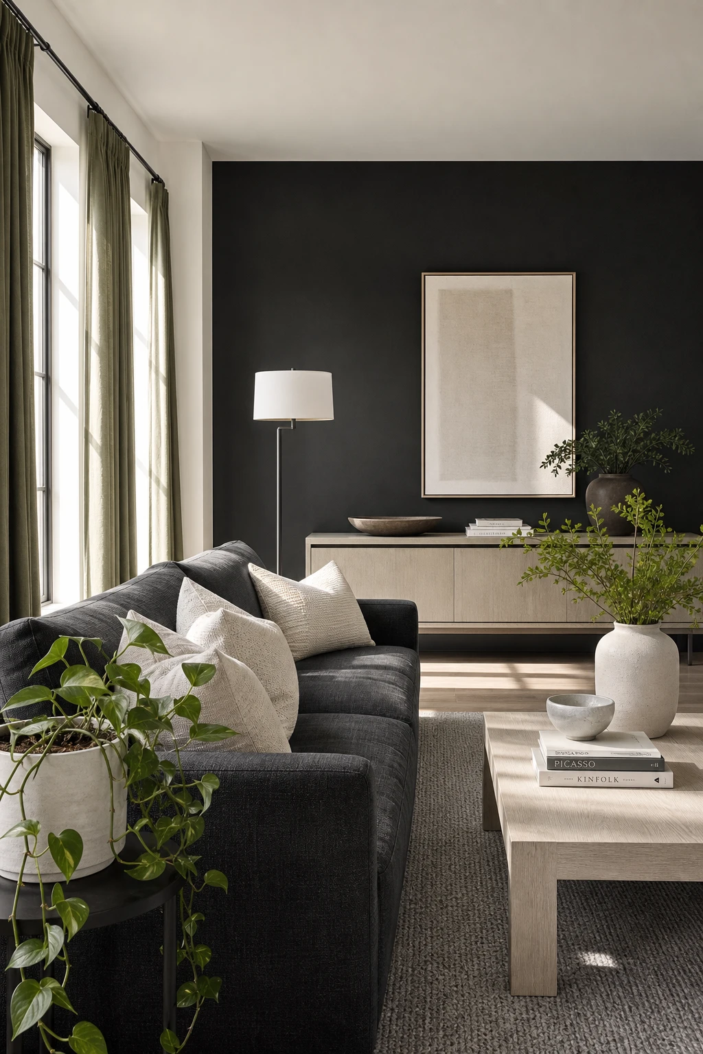 Gray and green living room with gray white and green three tone palette featuring layered neutrals sofa greenery and natural light through tall windows