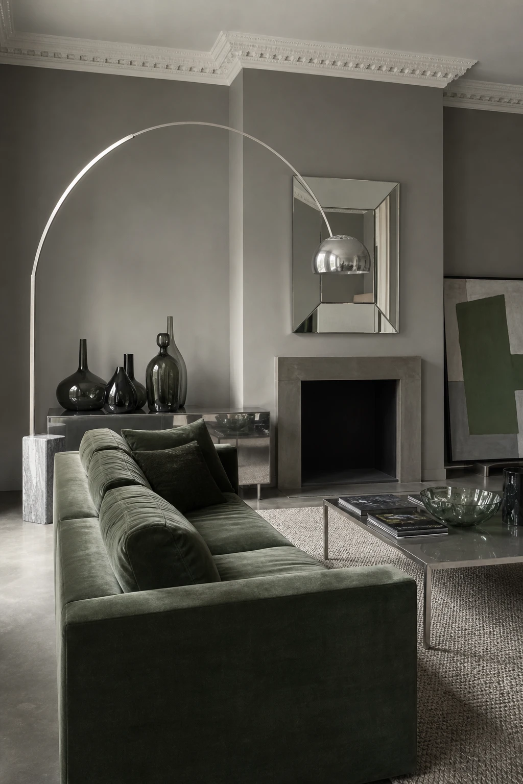 Gray and green living room with green and silver as the hero, featuring Farrow and Ball Pigeon painted walls, silver accents, and cool metallic lighting