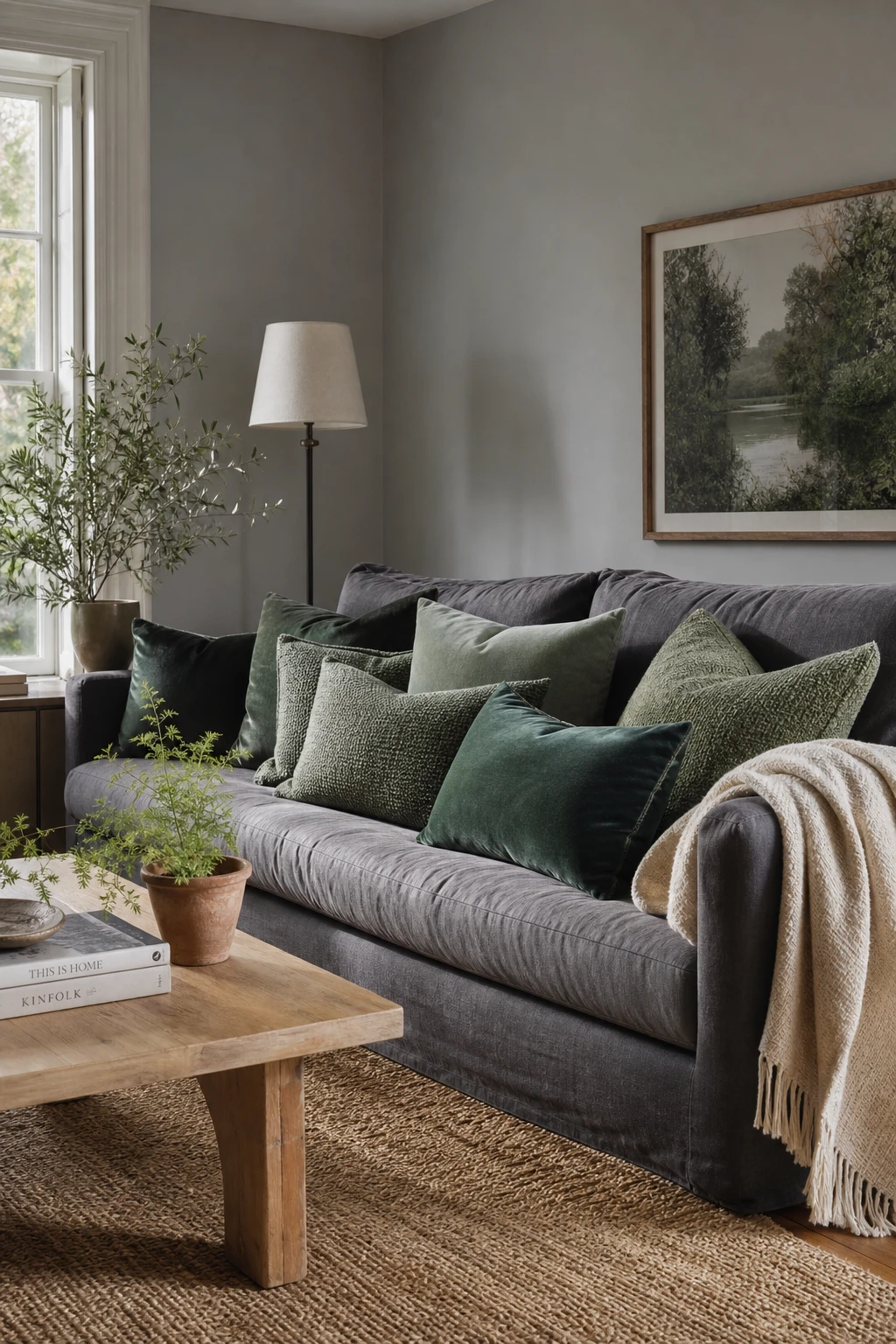 Gray and green living room with green cushions arranged on a gray sofa, styled with natural textures and Farrow and Ball Pavilion Gray walls