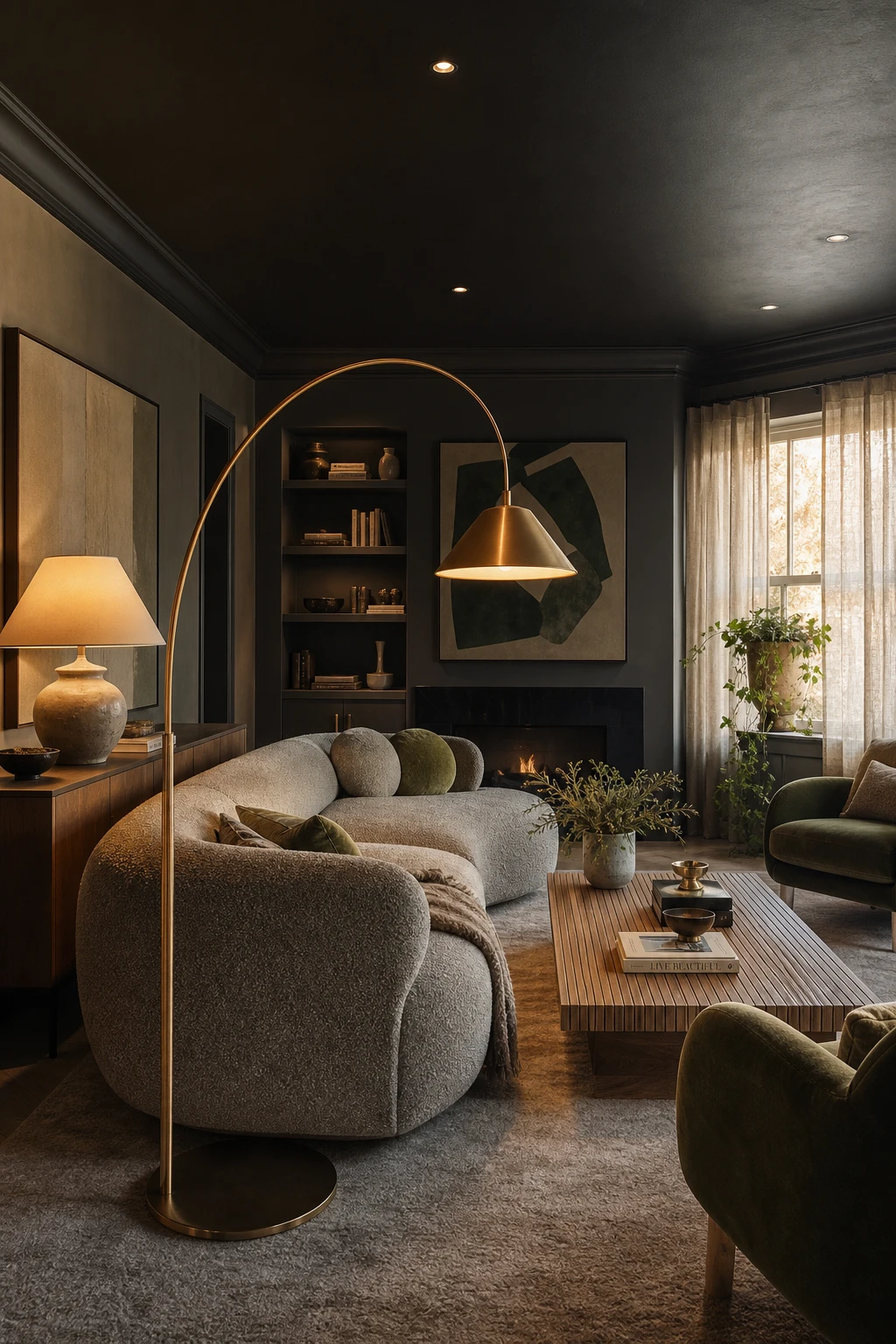 Gray and green living room with layered lighting including floor lamp, table lamp, and recessed lights casting warm glow on walls painted Farrow and Ball Beetle Black