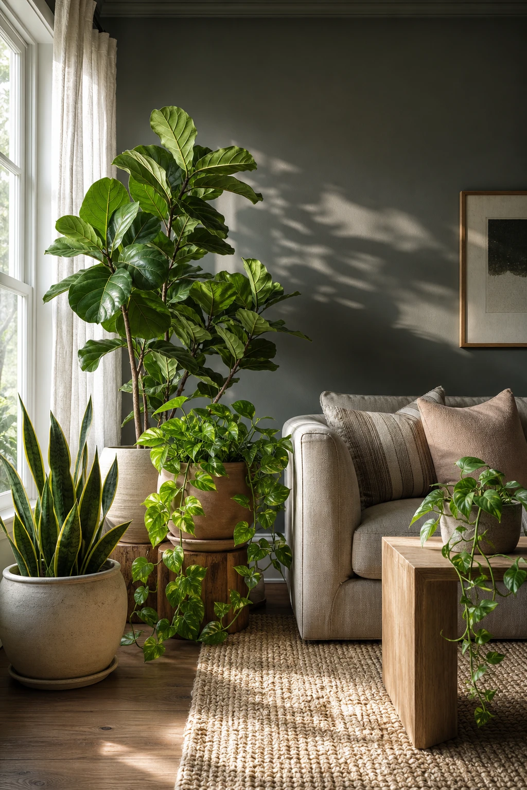Gray and green living room with lush potted plants as hero decor, Farrow and Ball Stoke painted walls, natural light, layered greenery textures