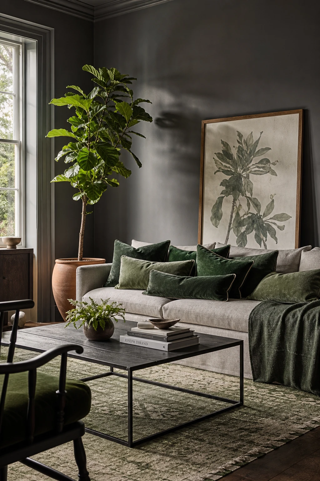 Gray and green living room with Manor House Gray walls serving as a calm backdrop while green velvet cushions, plants and artwork take centre stage