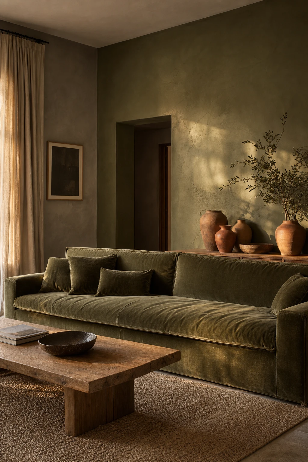 Gray and green living room with olive velvet sofa, stone gray walls in Farrow and Ball Olive paint accents, warm afternoon light, earthy textures