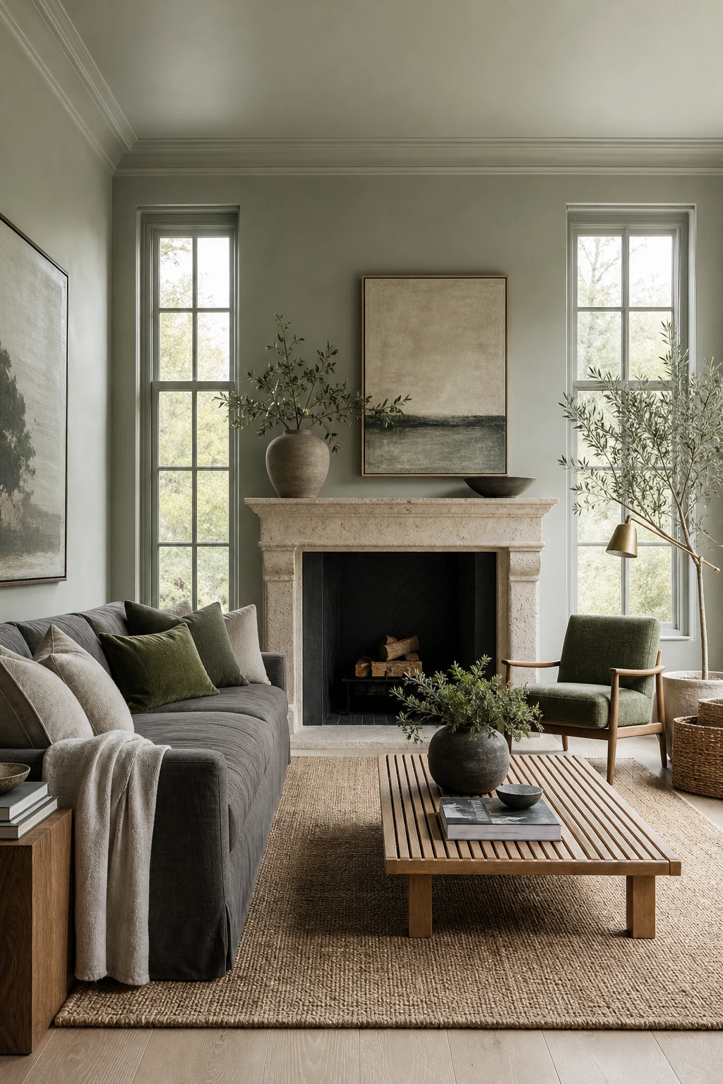 Gray and green living room with sage green and gray as the hero, featuring a linen sofa, stone fireplace, woven rug, and Farrow and Ball Mizzle painted walls