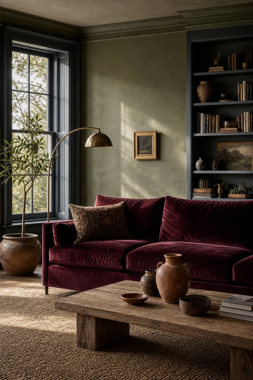 Gray and green living room with sage green walls, a deep burgundy sofa, and Farrow and Ball Inchyra Blue trim under warm afternoon light