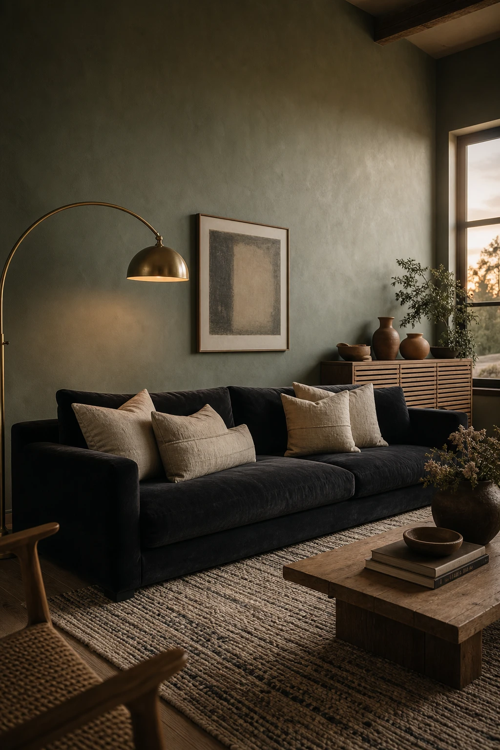 Gray and green living room with sage green walls in Farrow and Ball Calke Green, charcoal sofa, brass accents, linen cushions and oak flooring in soft evening light