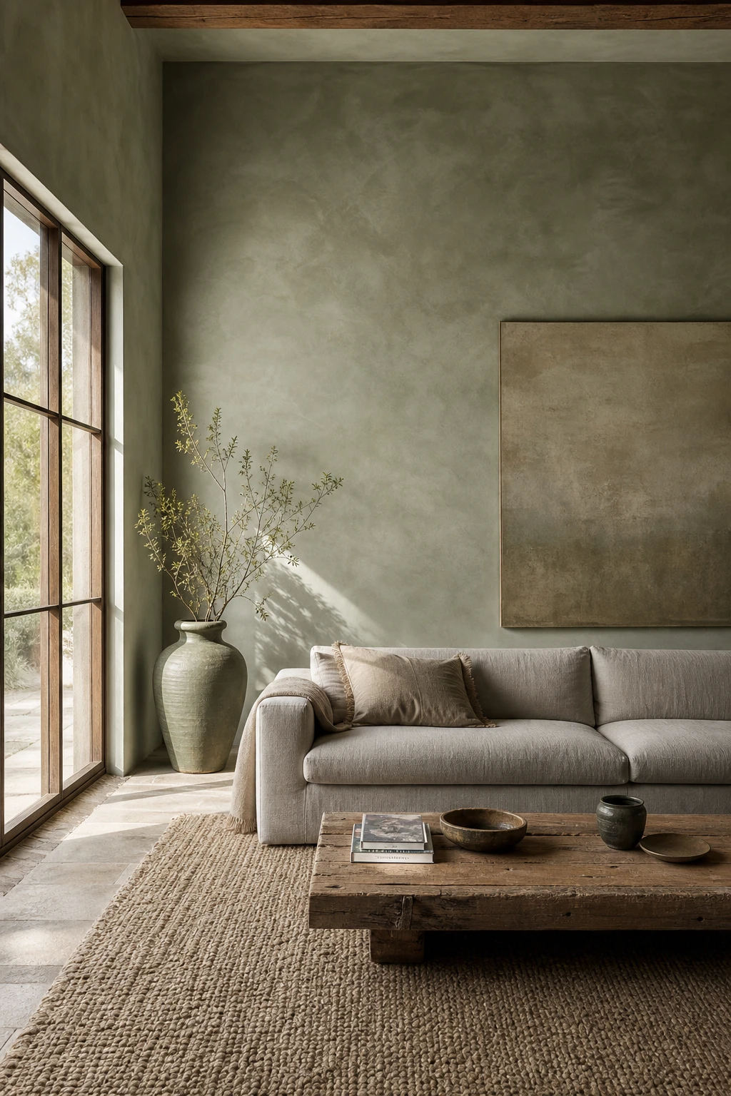 Gray and green living room with sage limewash walls as the hero, linen sofa, raw wood coffee table, and woven floor rug in warm afternoon light