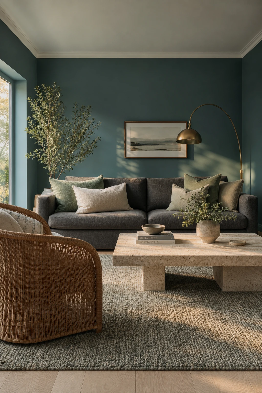 Gray and green living room with teal green as the hero, featuring Farrow and Ball Green Blue painted walls, slate gray sofa, rattan armchair, and brass floor lamp