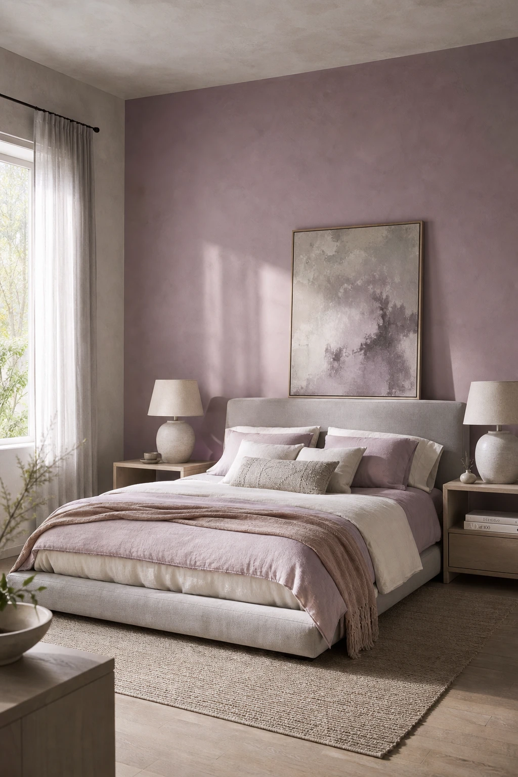 Gray bedroom with a lilac accent wall painted Farrow and Ball Sugared Almond behind a low upholstered bed with soft layered bedding and natural light
