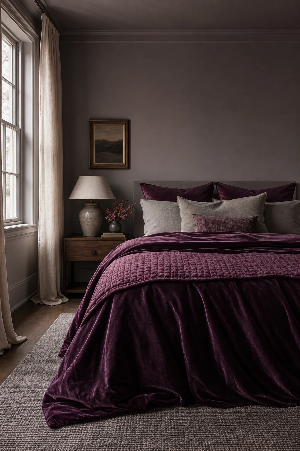 Gray bedroom with plum velvet bedding as the focal point, linen pillows, pale gray walls painted Farrow and Ball Lamp Room Gray, and a walnut nightstand