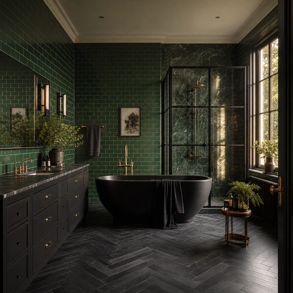 Green and black bathroom with emerald subway tiles, black grout, a matte black freestanding tub, black herringbone floor, and aged brass hardware in warm late afternoon raking light.