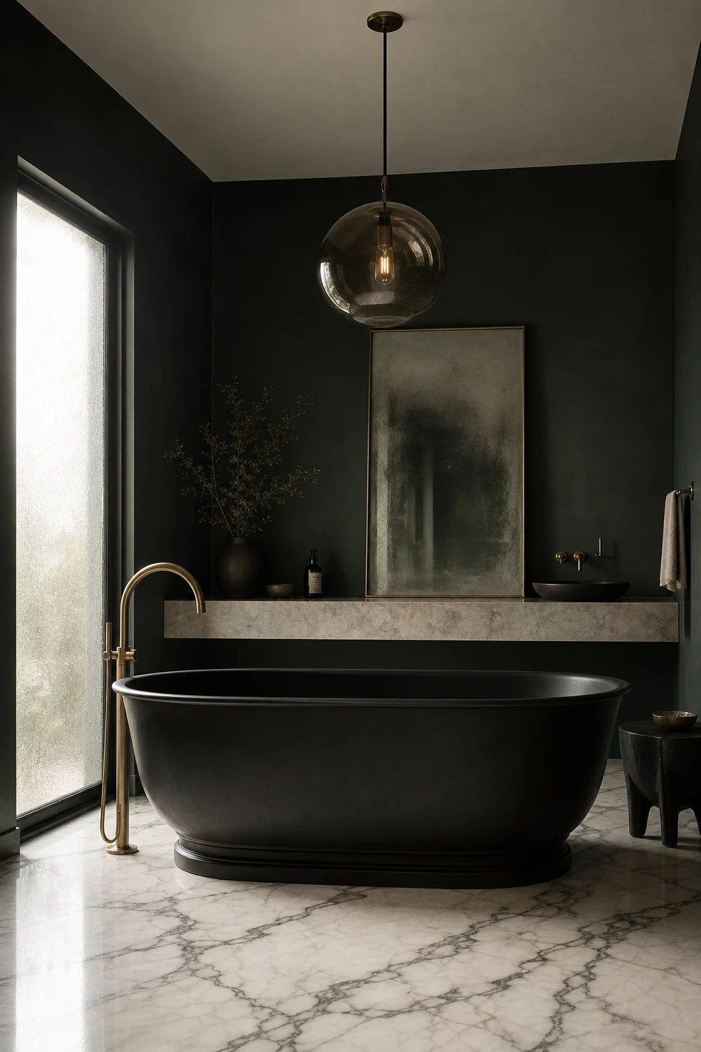 Green and black bathroom with a black freestanding bathtub as the centrepiece, deep green walls in Farrow and Ball Tar paint, marble floor and brass fixtures