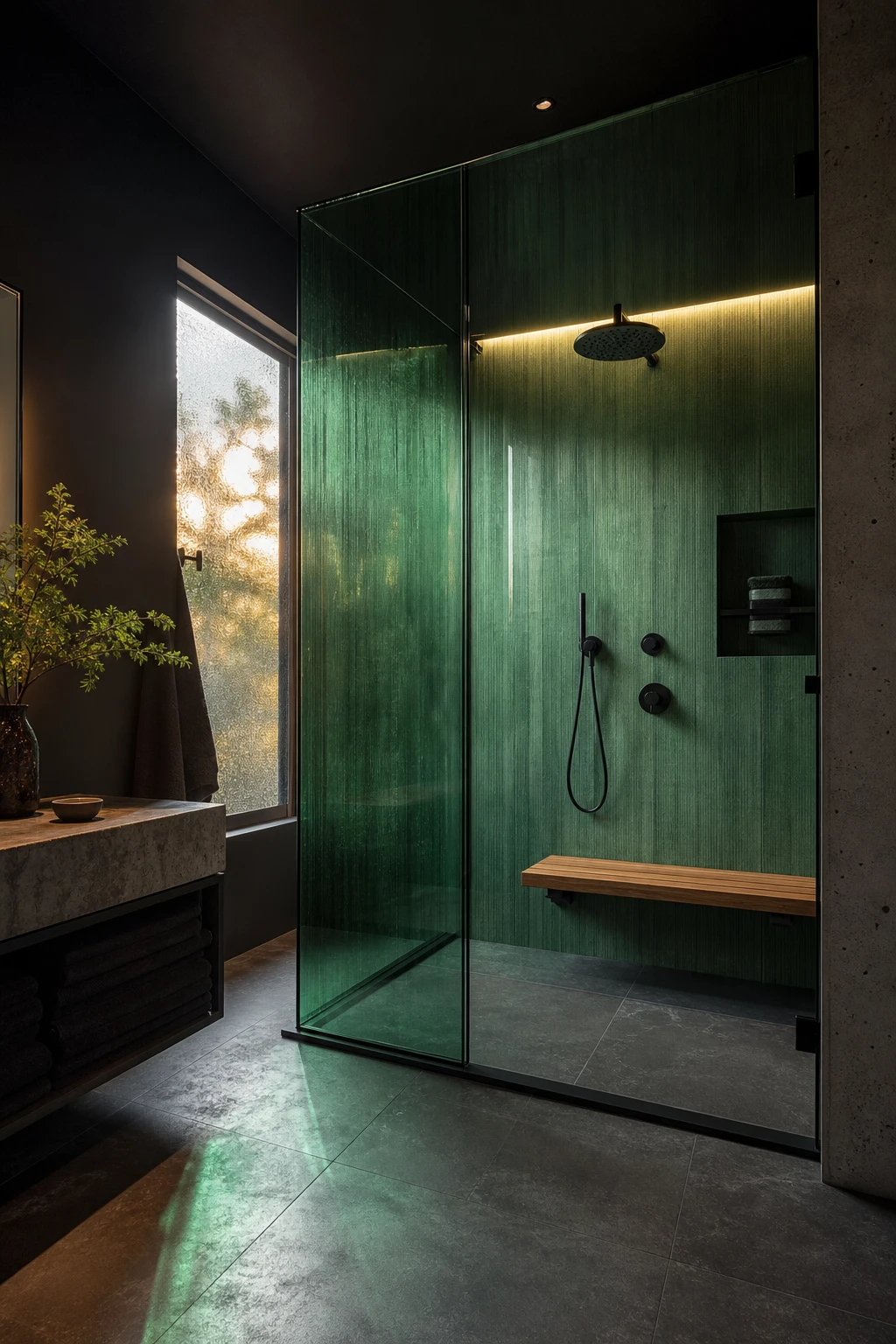 Green and black bathroom with a green glass shower enclosure as hero feature, matte black fixtures, dark tile walls painted Bible Black, and warm evening light