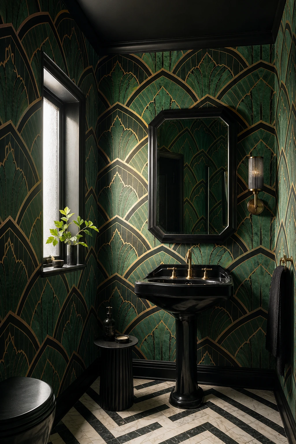 Green and black bathroom with Art Deco wallpaper hero, geometric pattern walls, black fixtures, marble floor, and Farrow and Ball Bible Black painted ceiling
