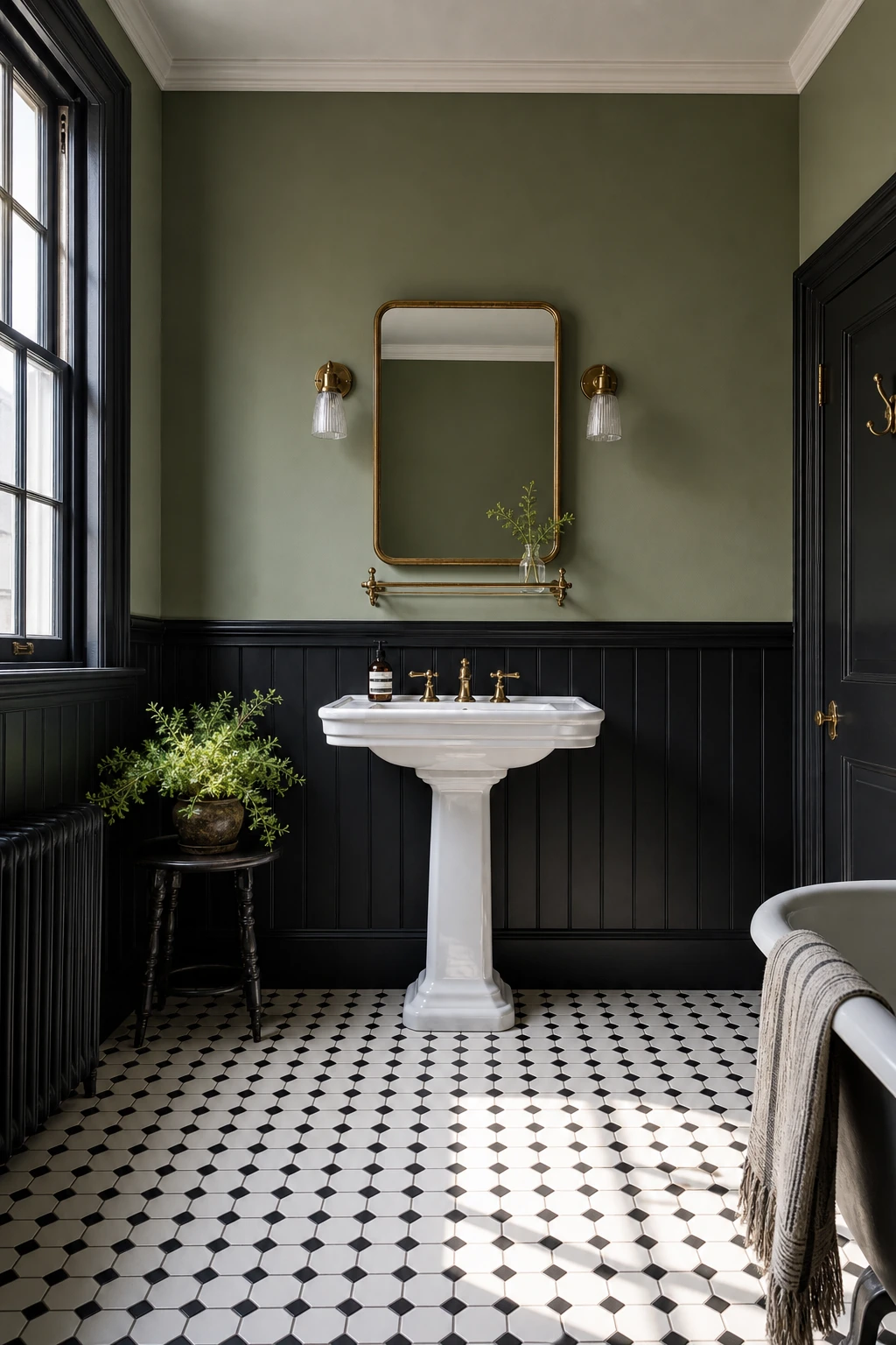 Green and black bathroom with black and white hex floor tiles as the hero, Farrow and Ball Liquorice painted walls, pedestal sink, and vintage brass fixtures