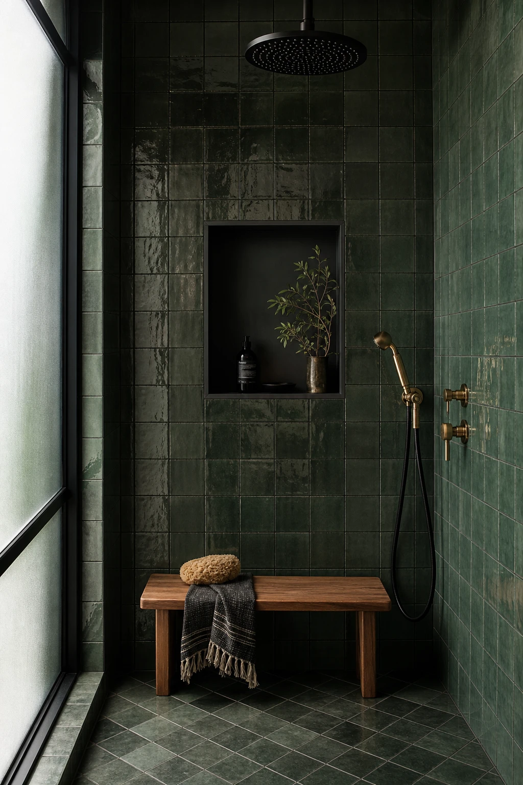Green and black bathroom with black grout lines hero, deep green zellige tiles, matte black fixtures, Farrow and Ball Tar painted niche, natural morning light