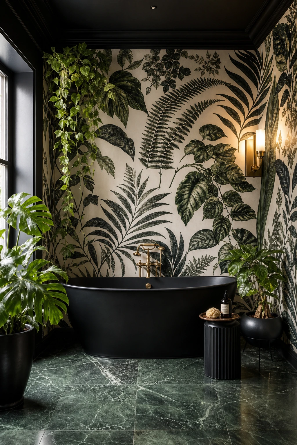 Green and black bathroom with bold botanical print wallpaper, matte black fixtures, a freestanding soaking tub, and lush trailing plants in warm morning light