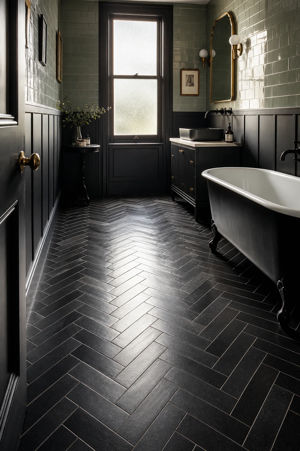 Green and black bathroom with bold herringbone tile floor as hero, matte black fixtures, deep green walls in Farrow and Ball Liquorice accents, and natural light