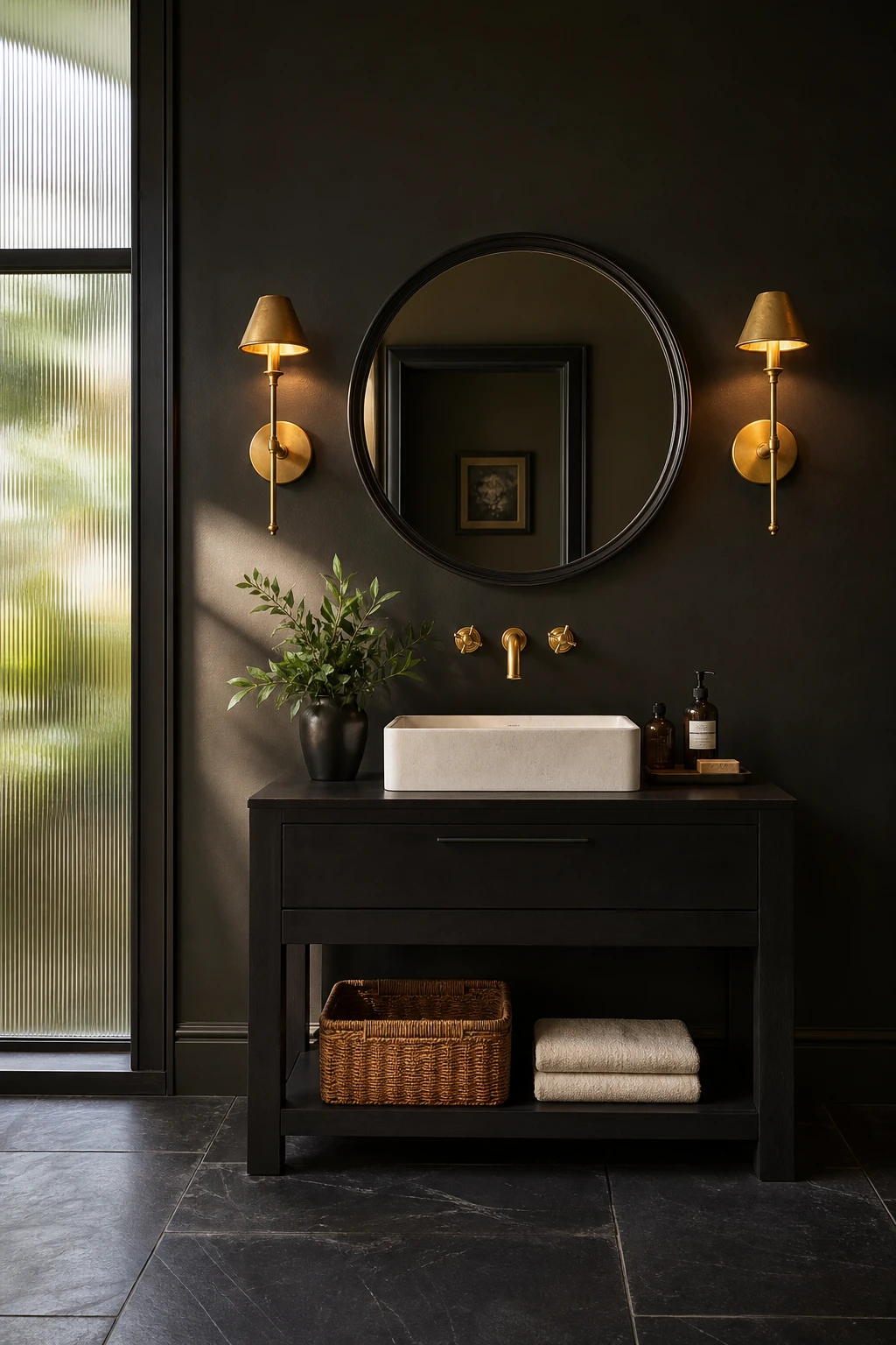 Green and black bathroom with brass wall sconces flanking a mirror above a black vanity, deep green walls in Farrow and Ball Paean Black paint, warm evening light