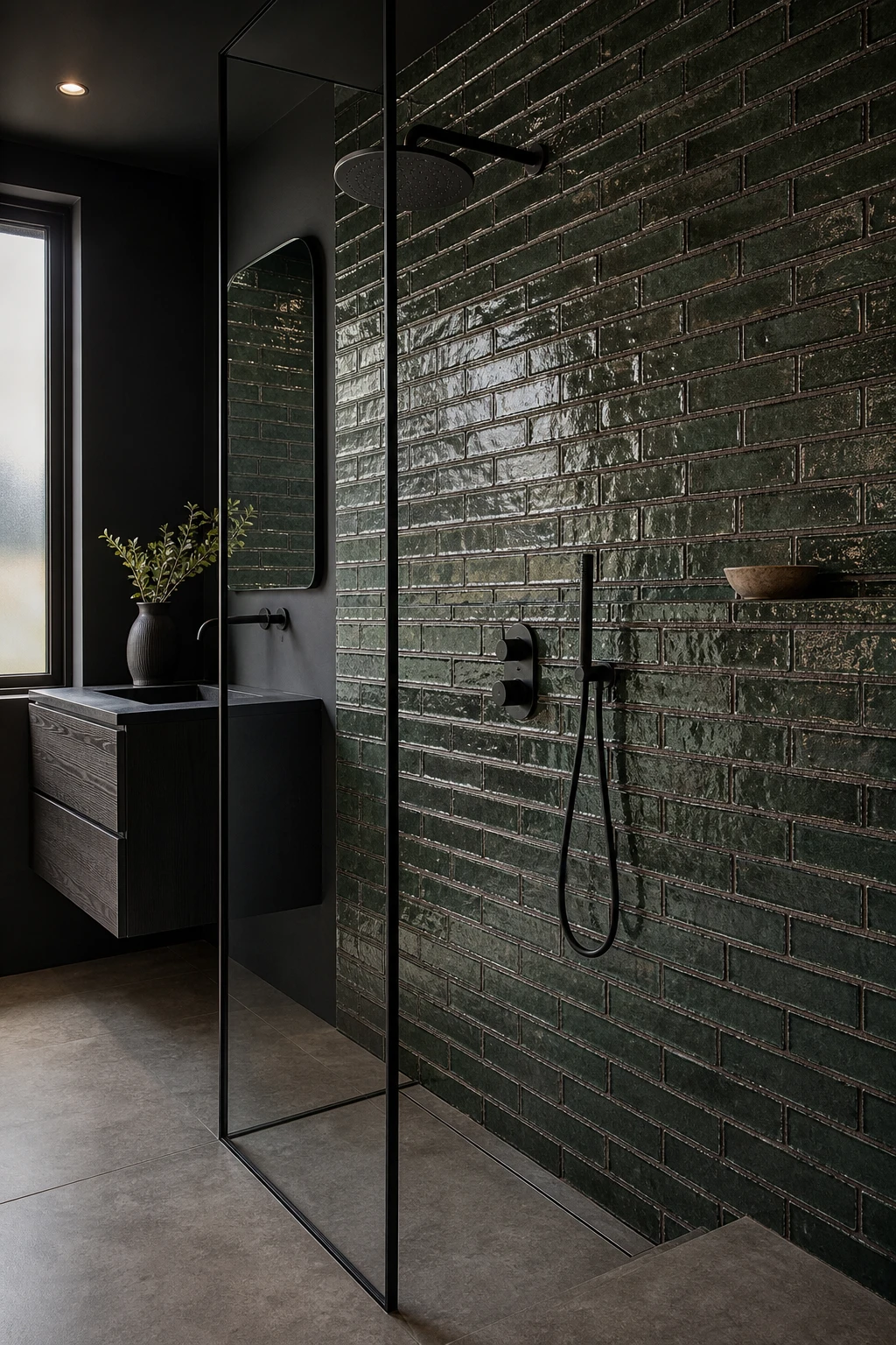 Green and black bathroom with brick effect tiles as hero feature, Farrow and Ball Paean Black accents, natural light, magazine quality photography