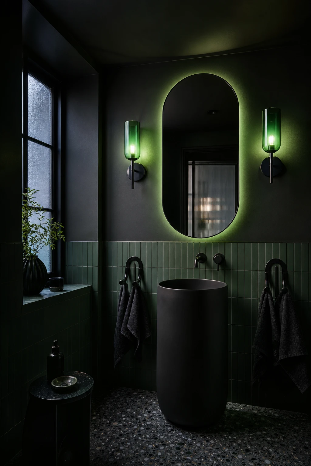 Green and black bathroom with coloured lighting casting a moody green tint across matte black walls painted Farrow and Ball Off Black, with wall sconces and backlit mirror