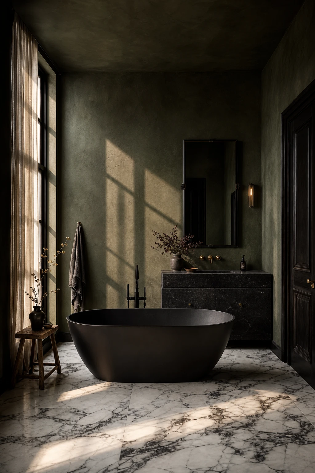 Green and black bathroom with dark green walls, black fixtures, freestanding tub, and marble floor in dramatic magazine quality lighting