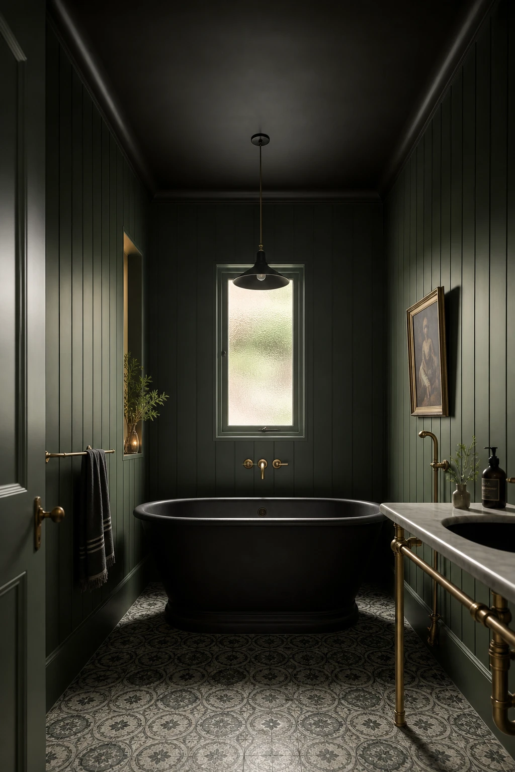 Green and black bathroom with dark painted ceiling as hero, deep forest green walls, black fixtures, mosaic floor tiles, and pendant lighting in moody enclosing atmosphere