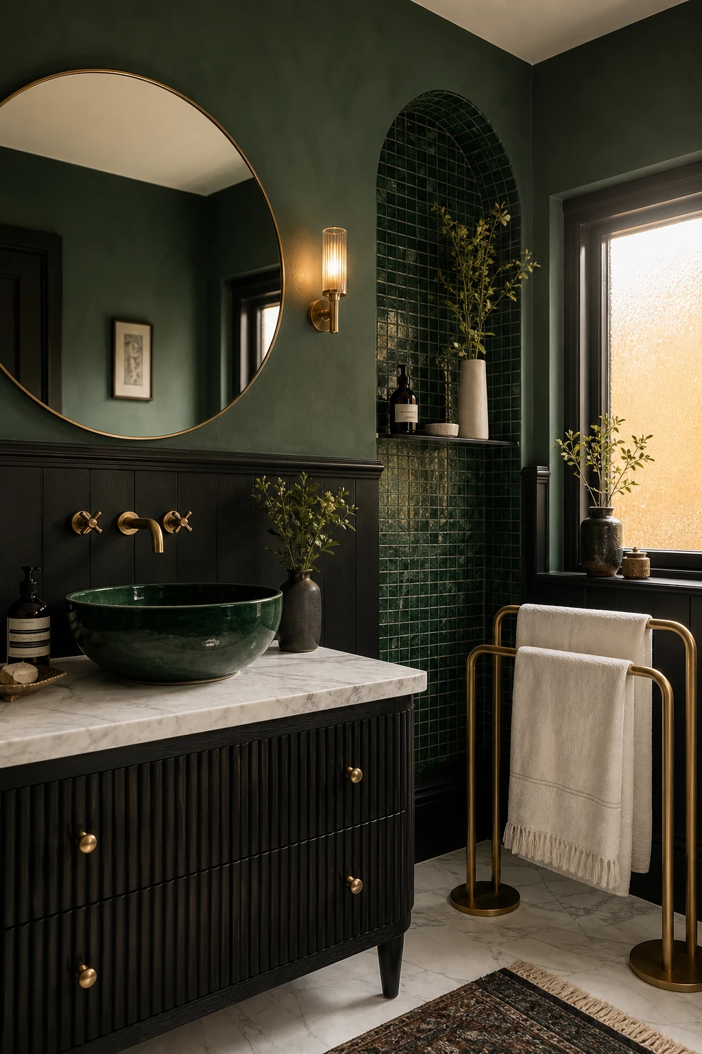 Green and black bathroom with emerald green accents as hero, black fixtures, veined marble, brass hardware, and moody jewel box atmosphere
