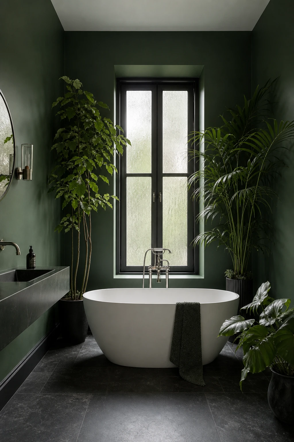 Green and black bathroom with forest green walls in Farrow and Ball Grate Black trim, freestanding tub, tall indoor plants and natural stone floor