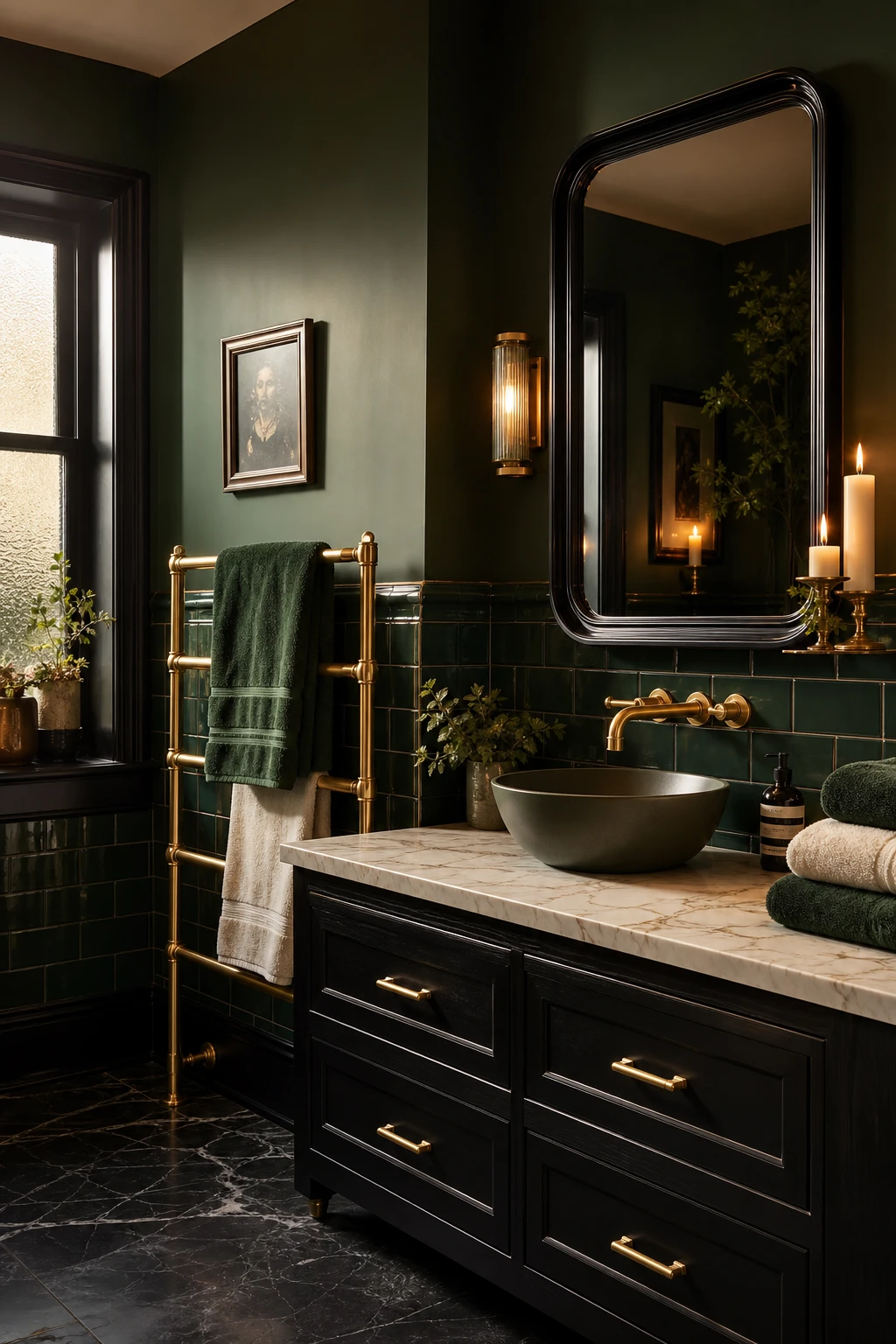 Green and black bathroom with gold hardware as the hero, deep green walls in Farrow and Ball Pitch Black trim, brushed gold taps and towel rails, marble vanity top